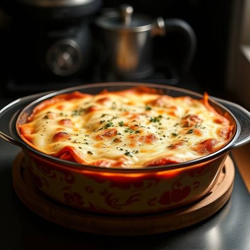 Lasagna al Forno fumante servita in una pirofila