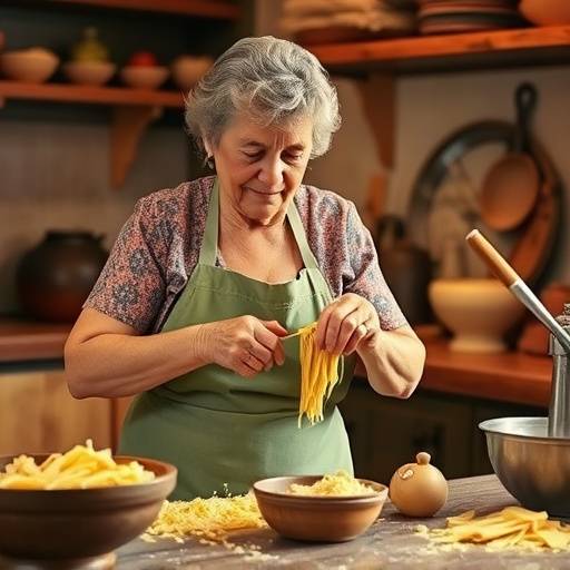 Nonna Emilia che impasta la pasta fresca in una cucina tradizionale italiana.