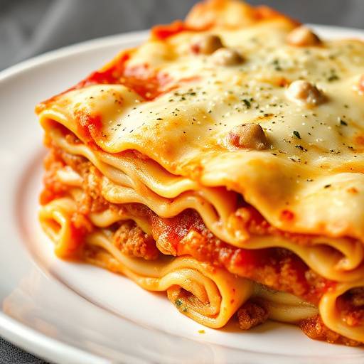 Un piatto di lasagne al forno, strati di pasta, rag&radic;&pi;, besciamella e parmigiano gratinato.