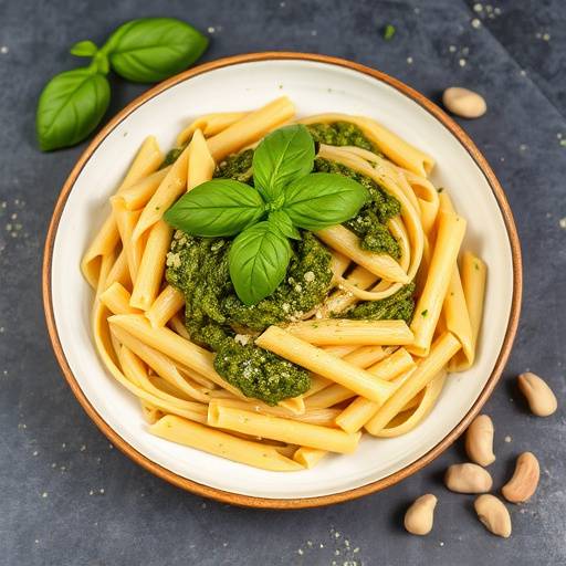 Un piatto di trenette al pesto genovese, guarnito con pinoli tostati e basilico fresco.