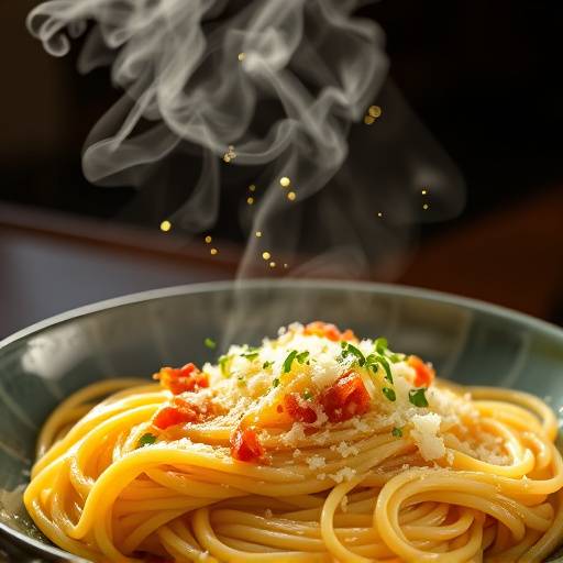 Un piatto fumante di spaghetti alla carbonara, con uova, pancetta e parmigiano.