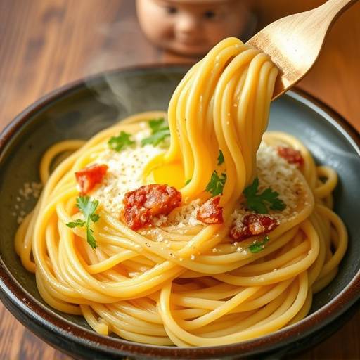 Un piatto fumante di spaghetti alla carbonara guarnito con prezzemolo fresco.