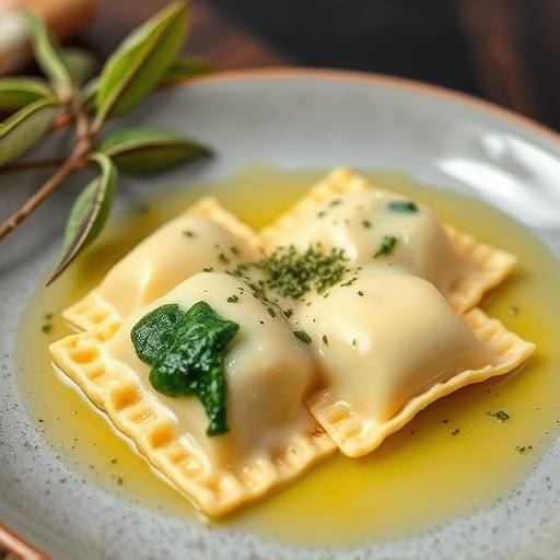 Un primo piano di ravioli fatti in casa ripieni di ricotta e spinaci, conditi con burro fuso e salvia.