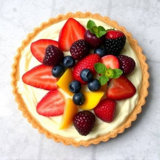 Una crostata di frutta fresca con base di pasta frolla e crema pasticcera.