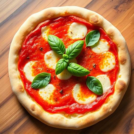 Una deliziosa Pizza Margherita classica con pomodoro, mozzarella e basilico fresco, appena sfornata.
