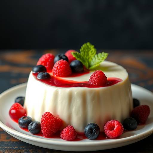 Una panna cotta cremosa guarnita con frutti di bosco colorati