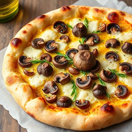 Una pizza gourmet ai funghi porcini con mozzarella, parmigiano e un filo d'olio al tartufo.