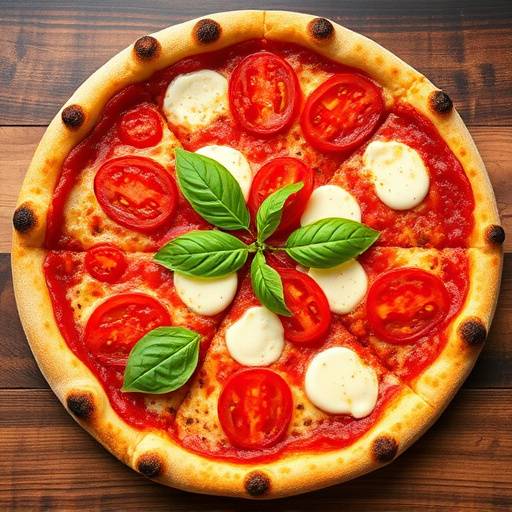 Una pizza margherita appena sfornata con pomodoro, mozzarella e basilico fresco.