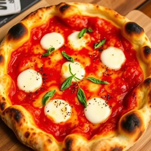 Una Pizza Napoletana autentica con cornicione alto e bruciacchiato, pomodoro San Marzano e mozzarella di bufala.