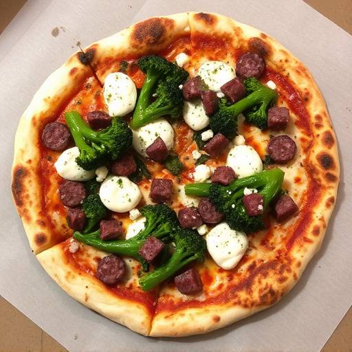 Una pizza rustica con salsiccia sbriciolata, friarielli saltati in padella e provola affumicata.